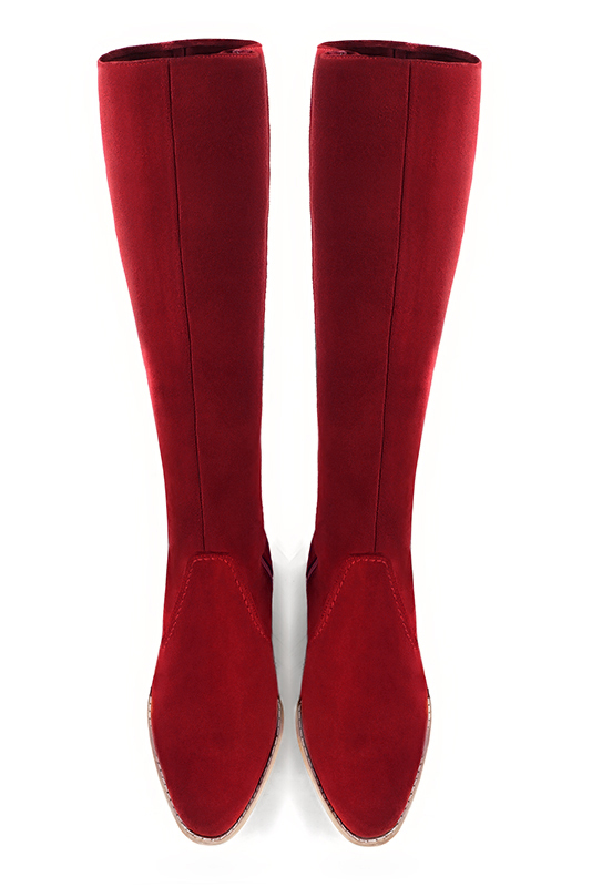 Custom-made women's cardinal red elegant riding knee-high boots. Round toe. Thick leather soles- Top view